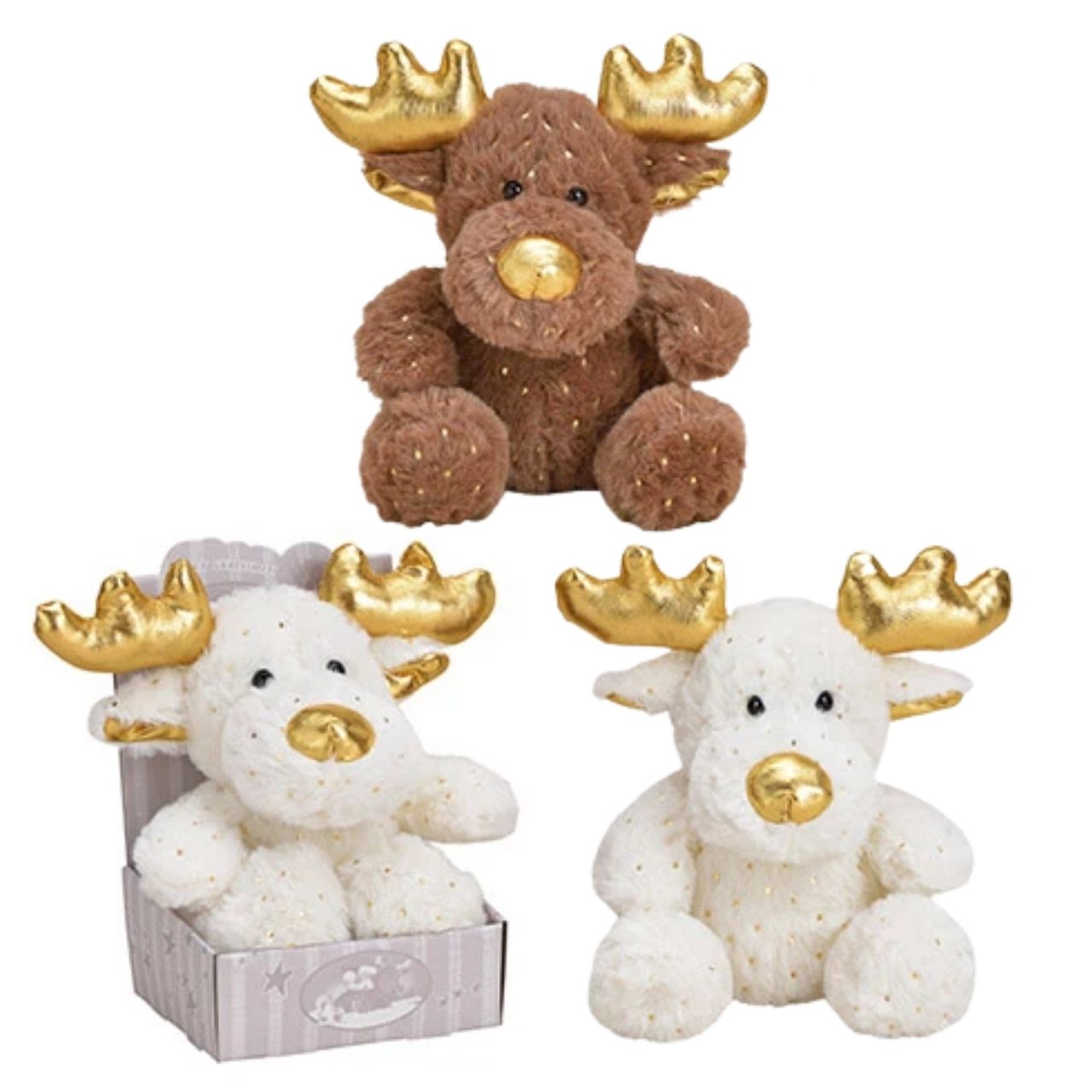 Elch aus Plüsch Braun, weiß 2-fach, (B/H/T) 9x13x9cm Plushes Reh, Braun Plüsch, Weiße Plüschfigur, Goldene Geweih, Weihnachtsdeko