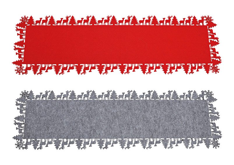 Camino de mesa bosque de invierno, decoración de alce de fieltro rojo, gris 2 pliegues, (A/A) 100x30cm