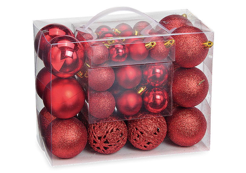 Weihnachtskugeln aus Kunststoff, 50er-Set, Rot Ø3/4/6cm (B/H/T) 23x18x12cm