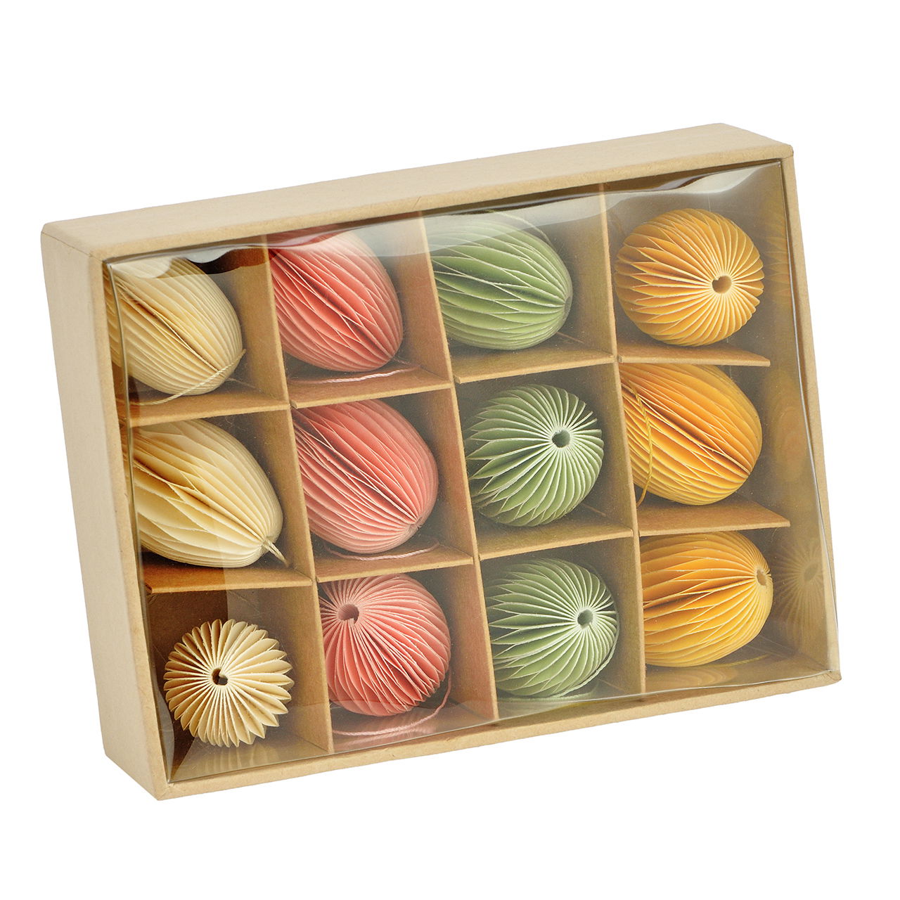 Honeycomb Easter egg hanger made of paper/cardboard, set of 12, 4, yellow/pink/green/white (W/H/D) 2x4x2cm Kiste, Schublade, Mobiliar, Sphäre, Zubehör