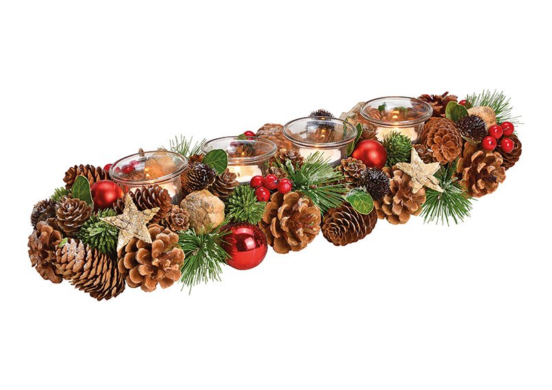 Arreglo floral de Adviento, portacandelitas motivo navideño de madera, vidrio Verde/Marrón/Rojo (A/H/D) 42x10x12cm