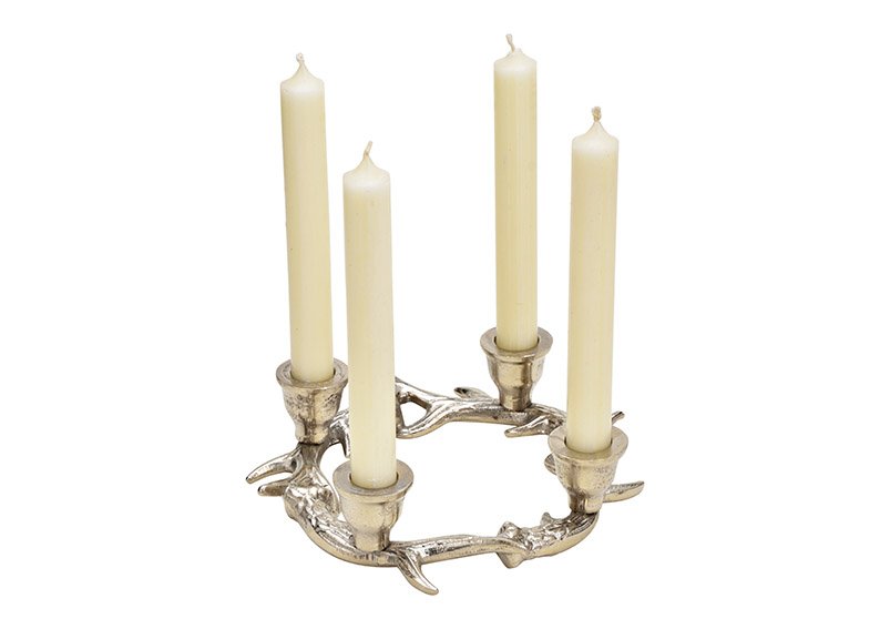 Corona d'Avvento, portacandela per 4 candele corna, metallo argento (c/h/d) 20x5x20cm