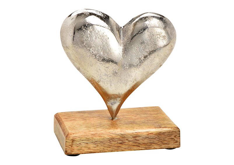 Aufsteller Herz auf Mangoholz Sockel aus Metall Silber (B/H/T) 11x13x7cm