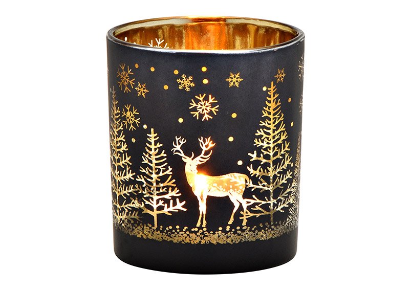 Linterna bosque de invierno decoración de vidrio negro, oro (c/h/d) 7x8x7cm