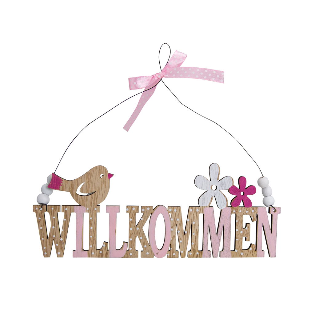 Nápis „Willkommen“ s ptáckem k zavešení, drevo, 20 × 8 × 0,5 cm, 1 ks, ružová-bílá-prírodní Zubehor