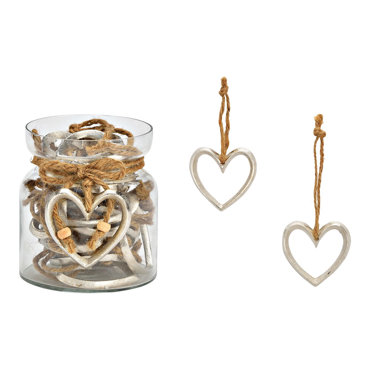 Hänger Herz 6x6x0,5cm, 30 Stk. im Glas 10x12x10cm aus Metall Silber Hänger Herz 6x6x0,5cm, 30 Stk. im Glas 10x12x10cm aus Metall Silber