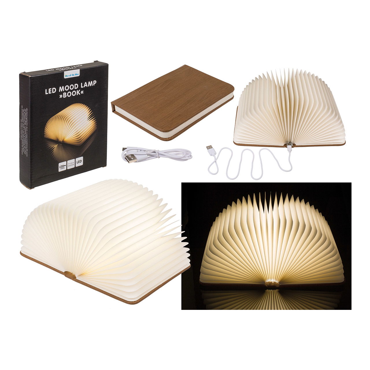 Lampe d'ambiance LED, livre, en plastique blanc (L/H/P) 17x13x13cm avec reliure en cuir synthétique, câble USD