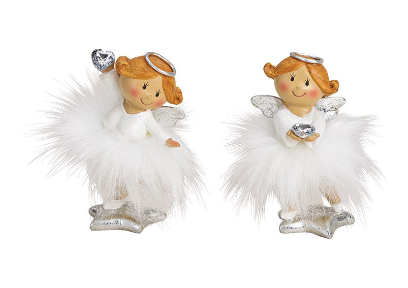 Angel with artificial skirt poly white 2-asst. 7x12x6cm