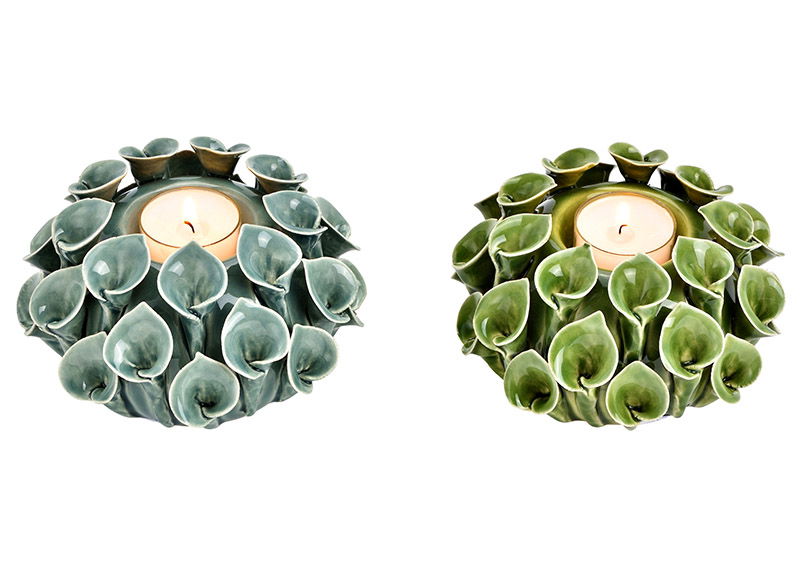 Porta tealight in ceramica verde a 2 pieghe, (L/H/D) 13x8x13cm