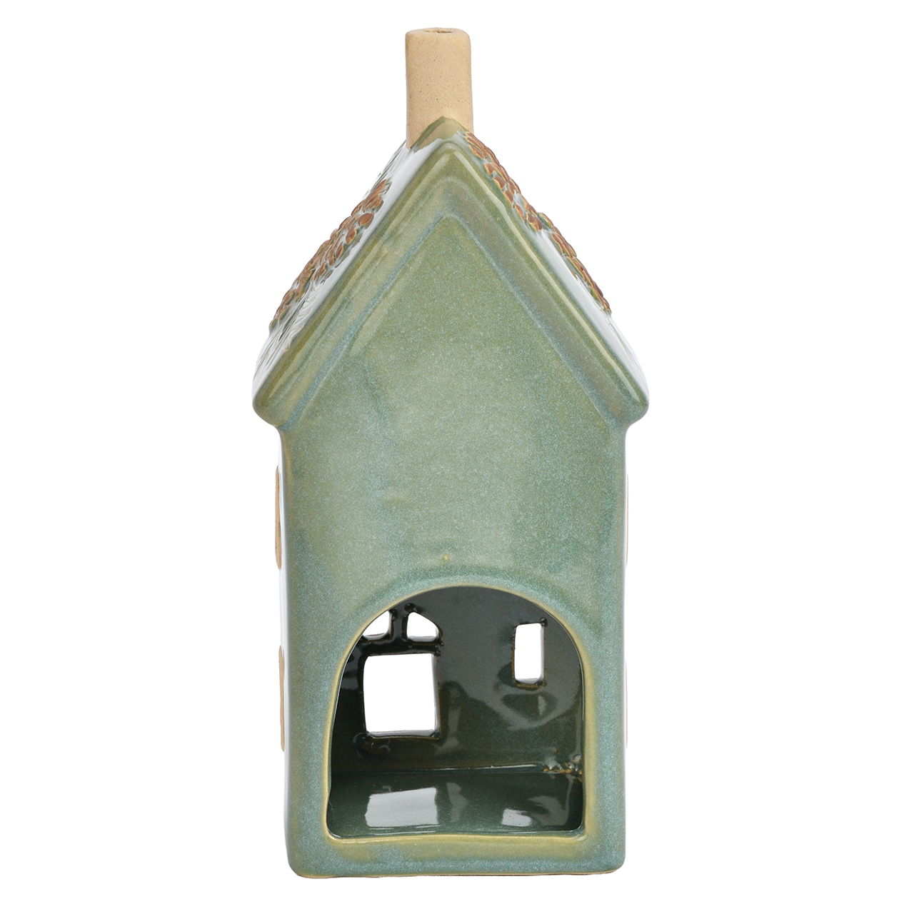 Windlicht Haus aus Steingut Grün (B/H/T) 9x19x7cm Keramikhaus, Miniaturhaus, Deko, Tür- Fenster, Grün