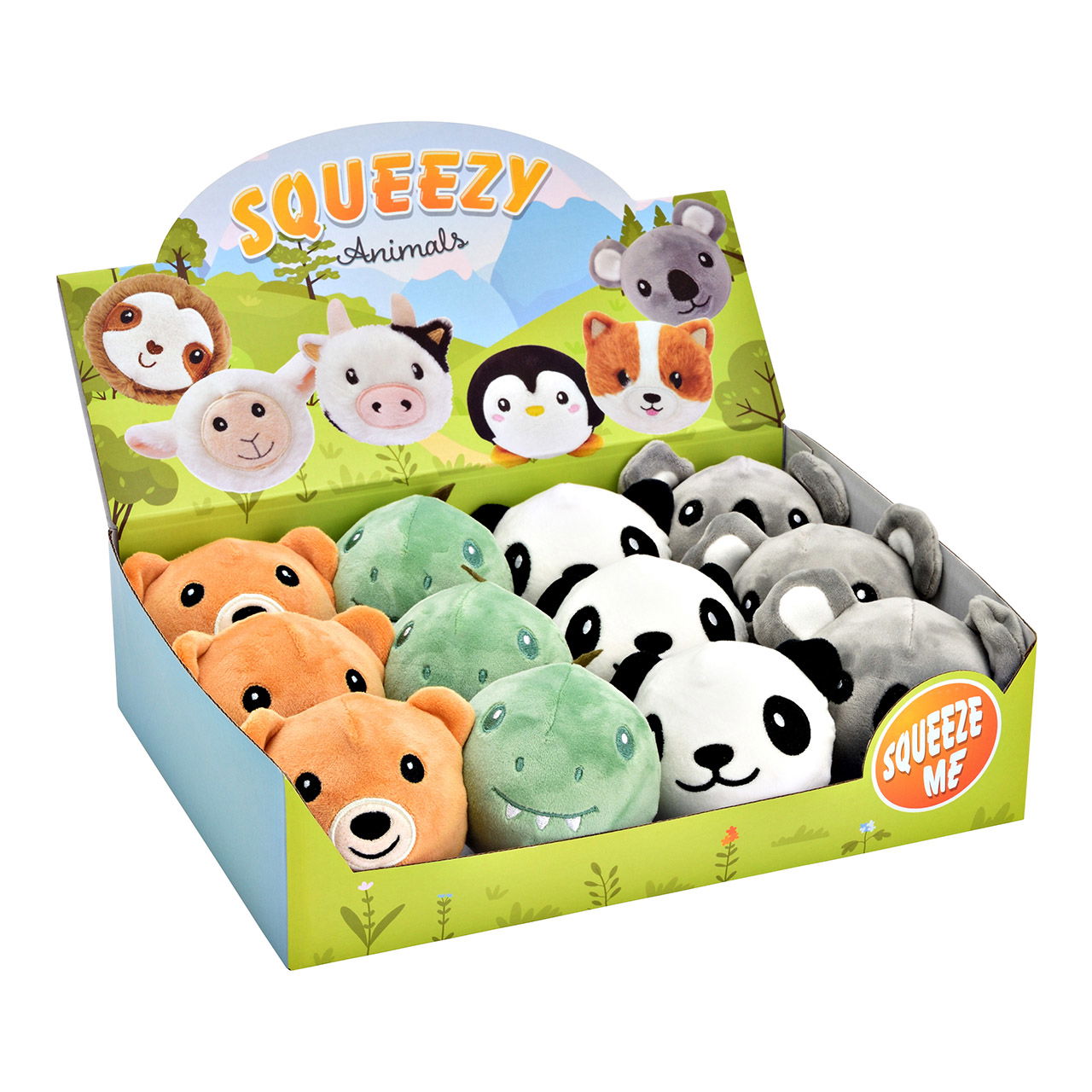 Anti-stress balls animal heads made of plush/memory foam, 4-fold, white/green/brown/grey Ø9cm