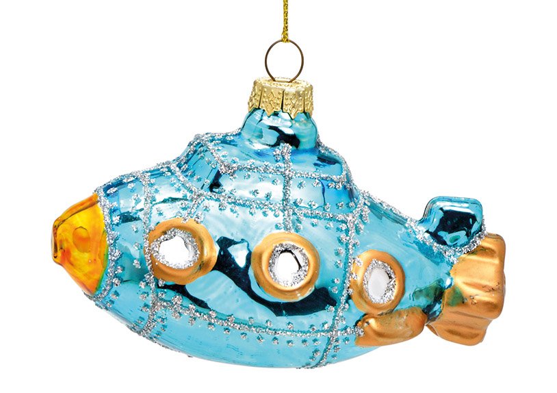Weihnachtshänger U-Boot aus Glas, Blau/Gold (B/H/T) 11x6x6cm