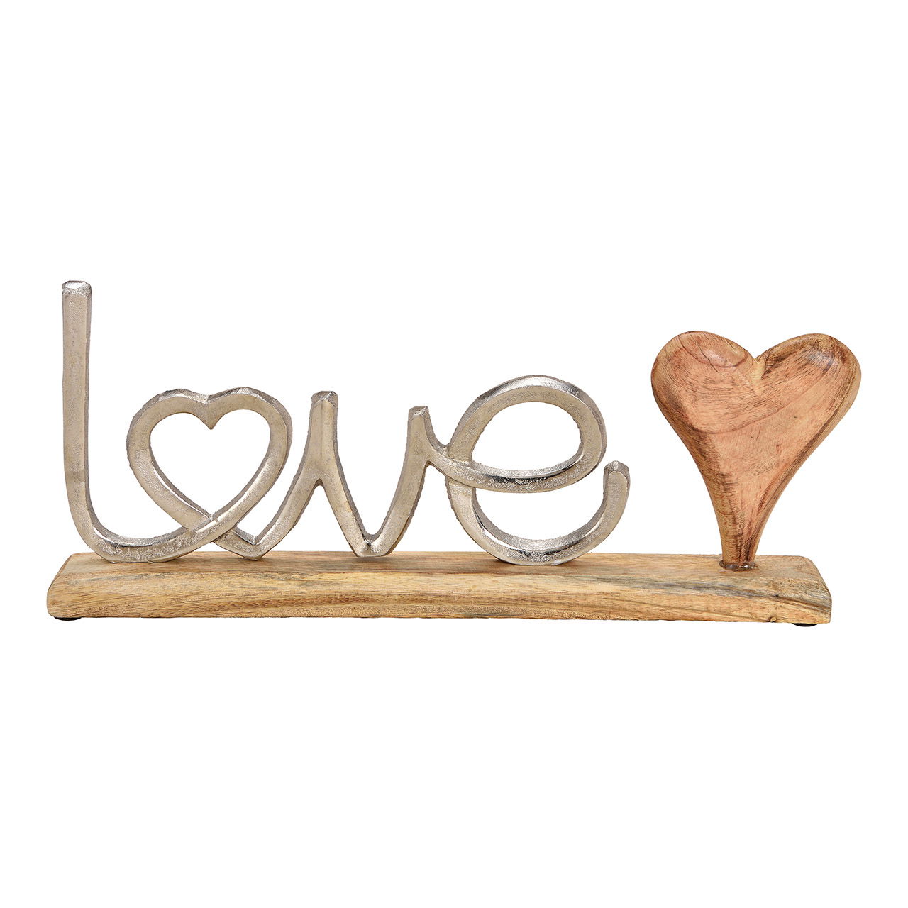 Displaystandaard LOVE van metaal met mangohouten hart en voet zilver, bruin (B/H/D) 40x18x5cm