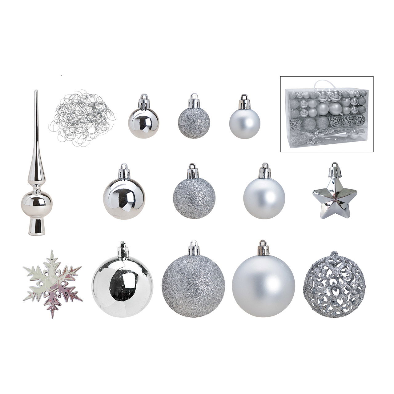 Weihnachtskugeln aus Kunststoff, 111er-Set, Silber Ø3/4/6cm (B/H/T) 36x23x12cm
