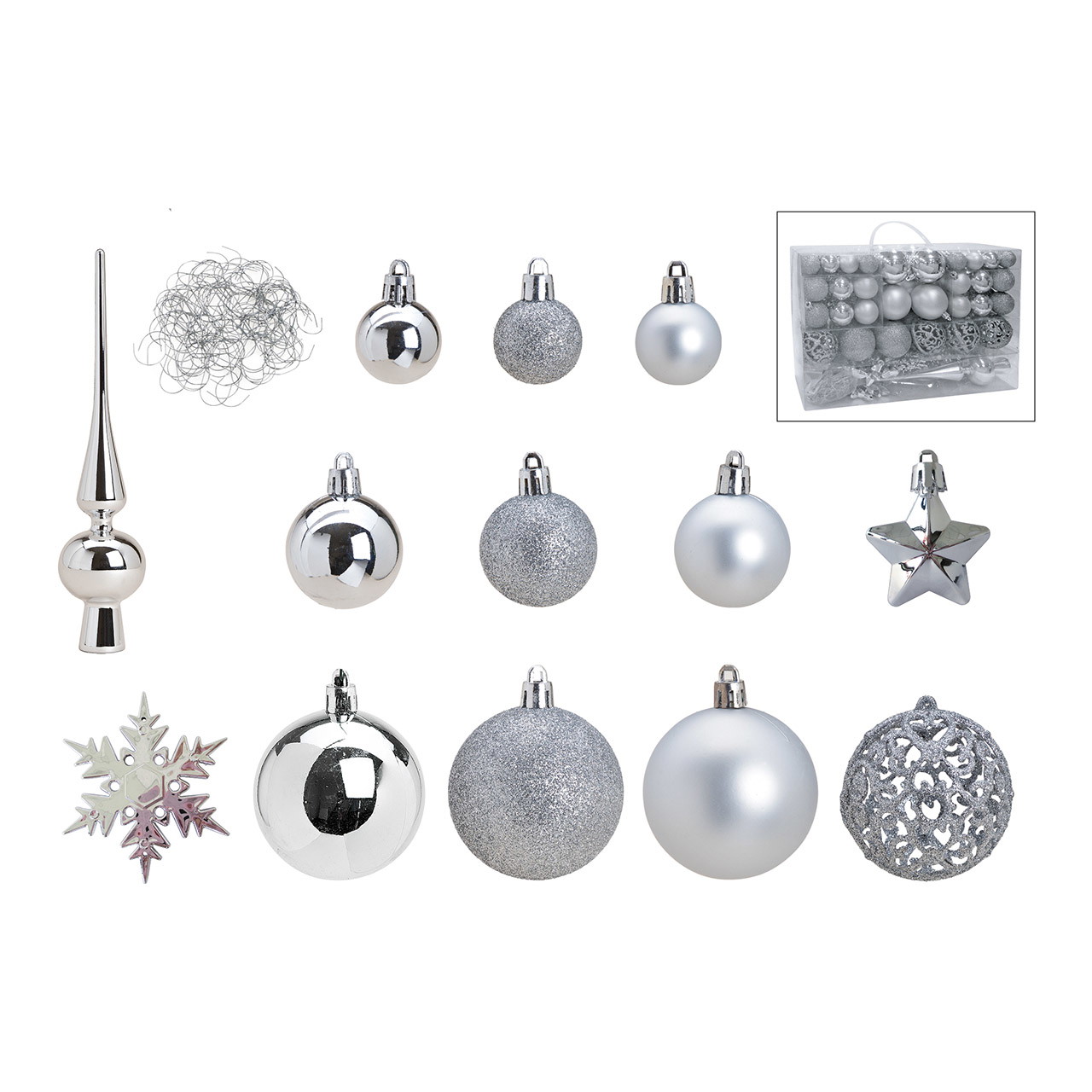Adornos de Navidad de plástico, lote de 111, plata Ø3/4/6cm (A/A/P) 36x23x12cm Adornos de Navidad de plástico, lote de 111, plata Ø3/4/6cm (A/A/P) 36x23x12cm