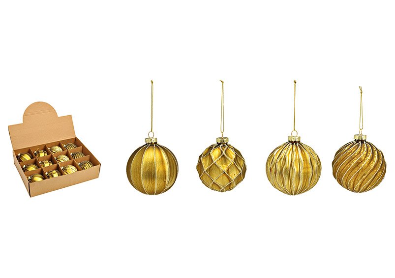 Glazen kerstbal goud 4-voudig, (B/H/D) 8x8x8cm Ø8cm