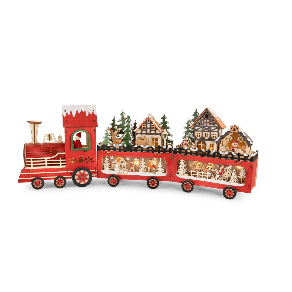 Decorative train, LED, timer, (2xAA, not included), wood, 56,5x6,5x19cm, 1 pc, red Maschine, Rad