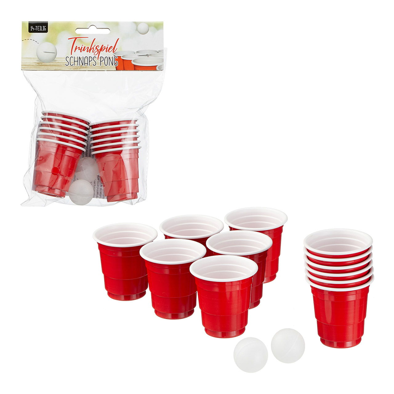 Jeu à boire, Schnaps Pong, set de 14 pièces, en PP 12x gobelets à schnaps rouges, 2x balles blanches