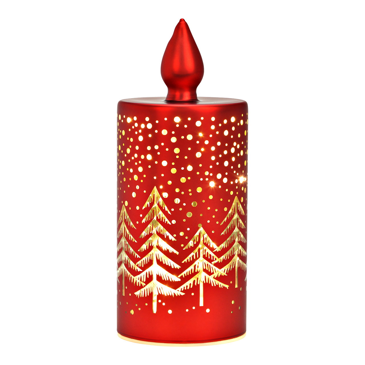 LED Lichtkerze Winterwald Dekor aus Glas, Rot (B/H/T) 8x20x8cm mit Timer, Batteriebetrieb 3xAA nicht enthalten