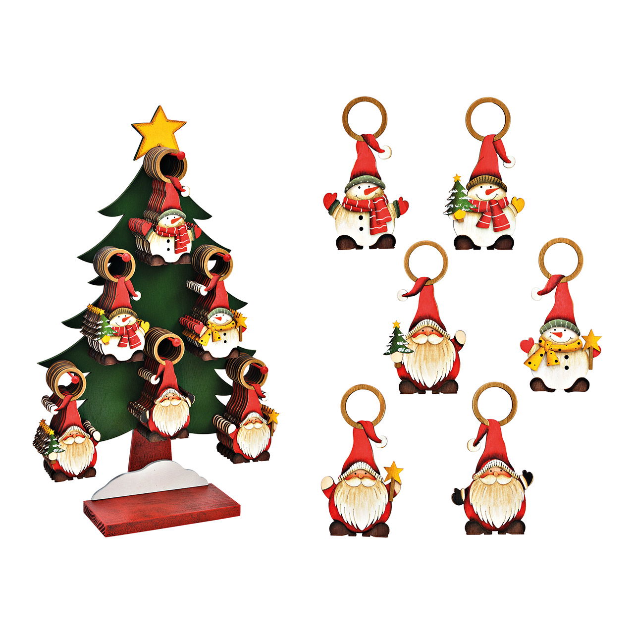 Appendino Babbo Natale/Snowman in legno (L/H) 8x16cm su supporto per albero, 6 pieghe, rosso/bianco (L/H/D) 34x58x10cm