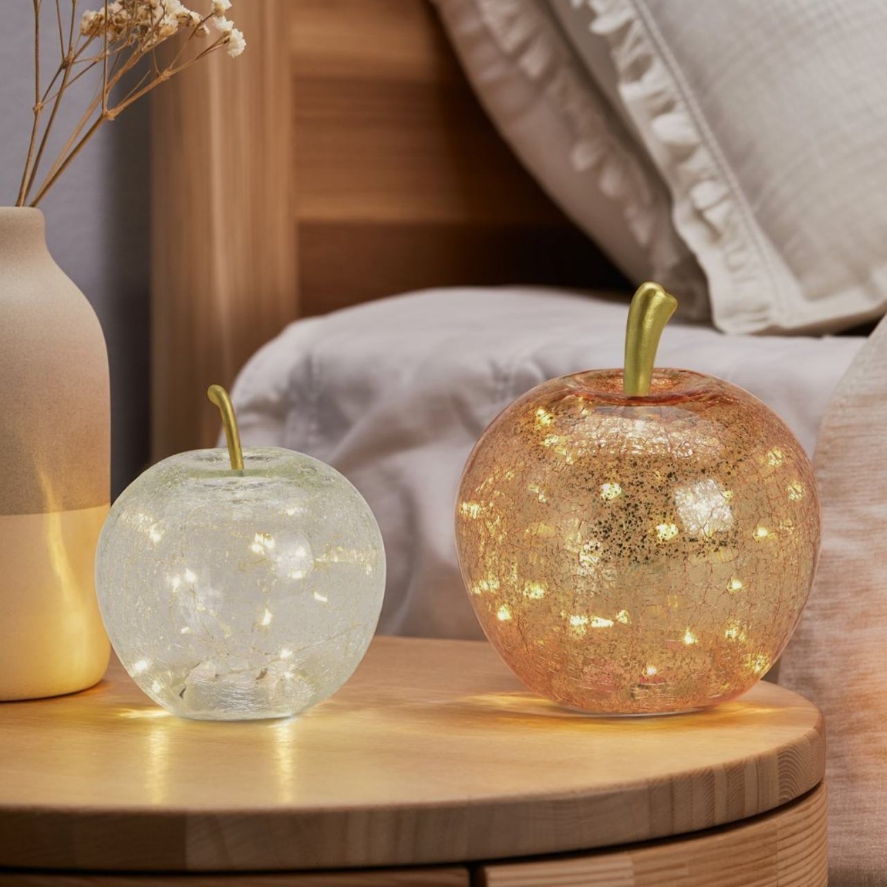Pomme avec 30 LED, avec minuterie en verre or (L/H/P) 22x24x22cm