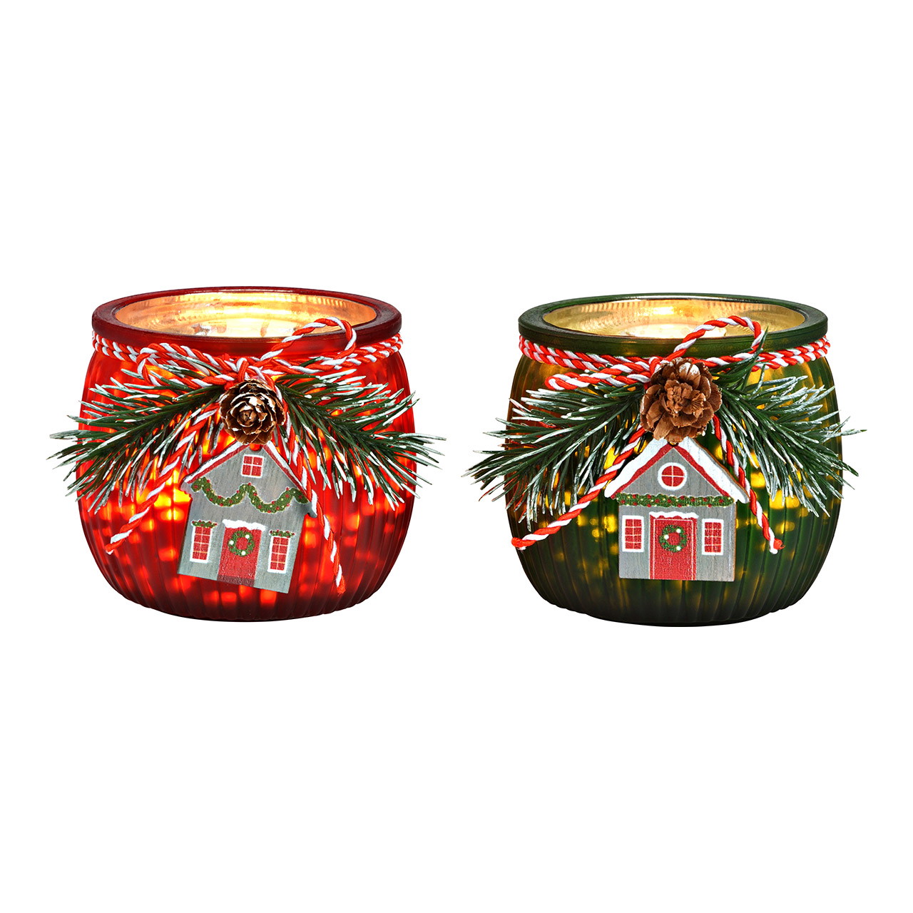 Windlicht Tannenzweig/Haus Dekor aus Glas, 2-fach, Rot/Grün (B/H/T) 8x7x9cm Kann, Zinn