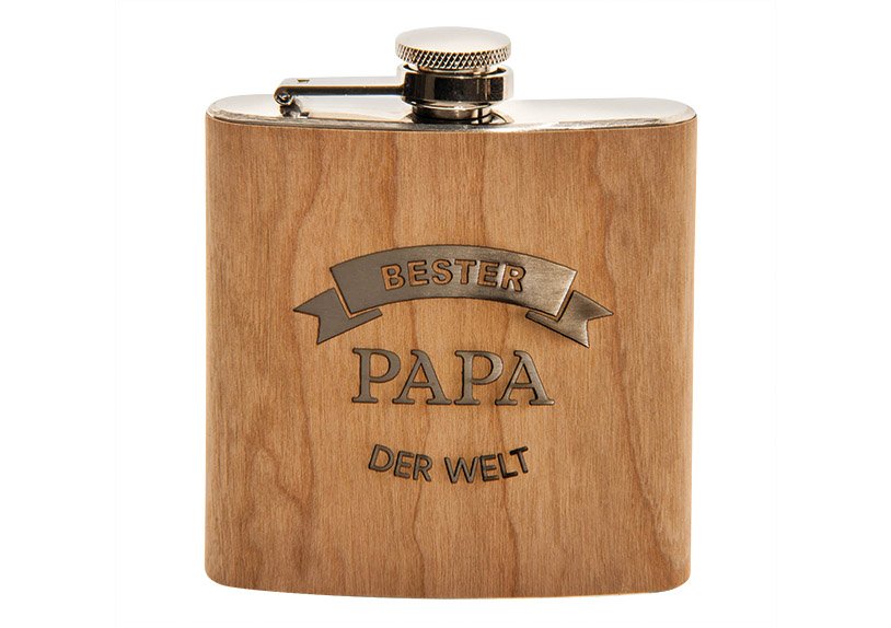 Flasque Meilleur Papa du Monde en bois naturel 150ml (L/H/P) 10x12x3cm