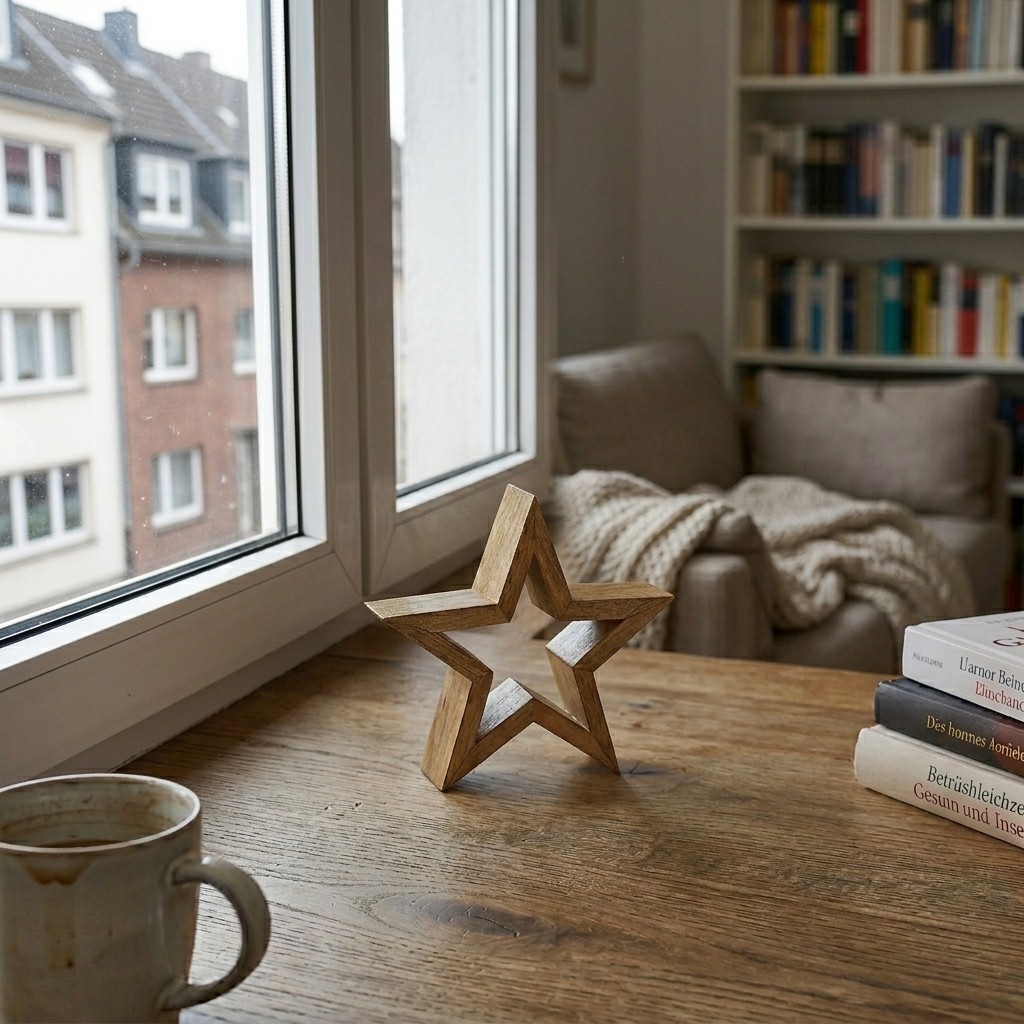 Holzstern, Stern-Dekoration, Wohnzimmer, Holztisch, Bücherregal