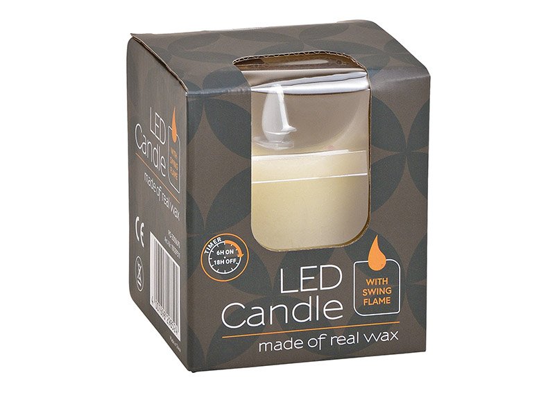 Led candle, moving light, with timer, wax, white (w/h/d) 7,5x10x7,5cm