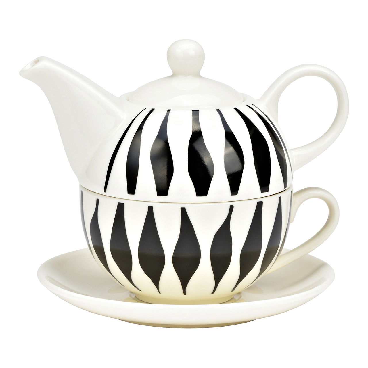 Set de théières, décor fuseau, set de 3, en porcelaine blanche, noire (L/H/P) 15x16x15cm 400ml/250ml