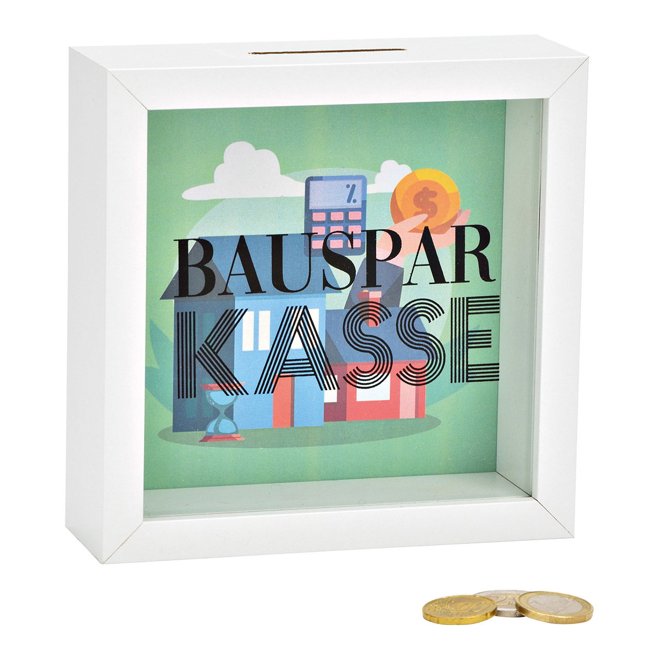 Saving bank Bausparkasse made of wood, glass white 15x15x5cm