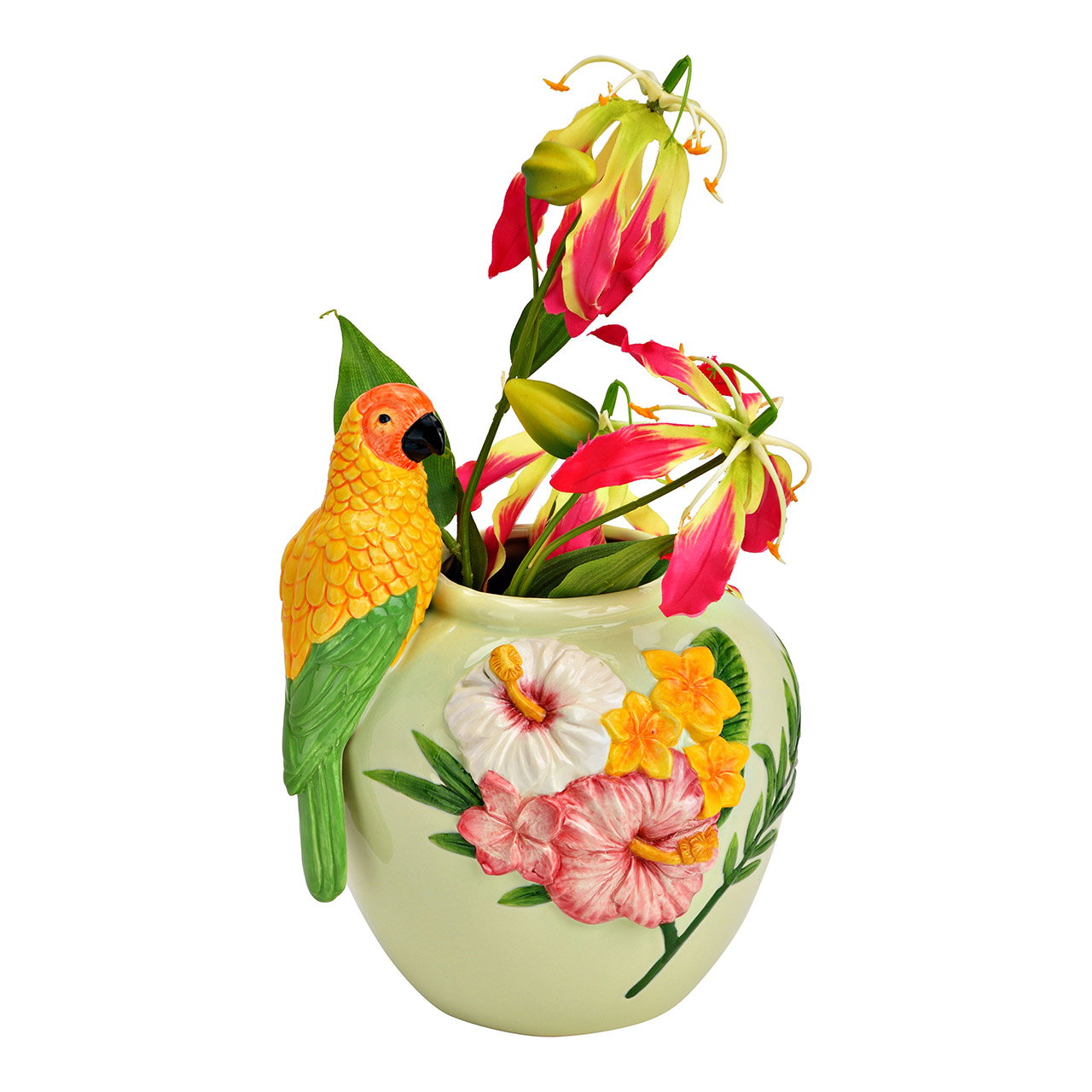 Ceramic parrot/flowers vase, colorful (W/H/D) 21x25x20cm Blume, Blumen-Arrangement, Töpferei, Krug, Blumenstrauß