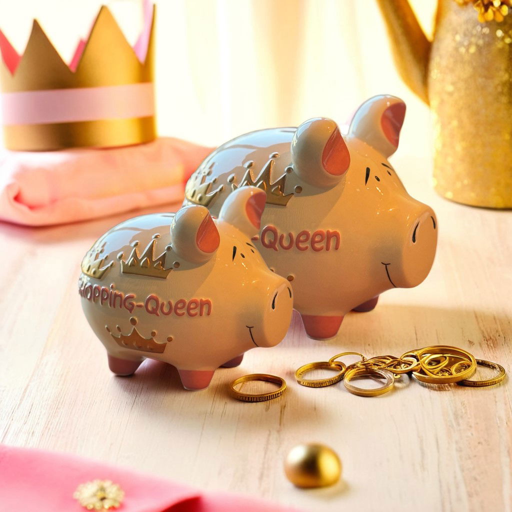 KCG Sparschwein "Shopping Queen" aus Keramik, Weiß/Rosa/Gold (B/H/T) 17x15x15 cm Mittelschwein Tier, Säugetier, Schwein, Sparschwein