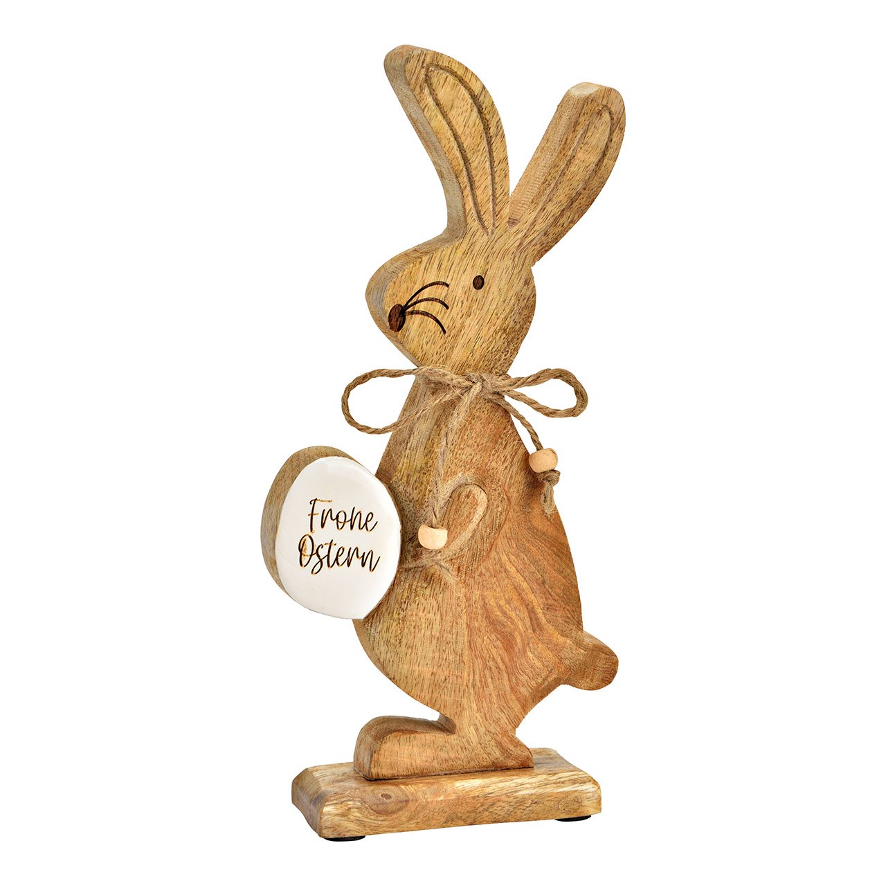 Stand bunny with Easter egg, Frohe Ostern made of natural mango wood, white (W/H/D) 13x27x5cm