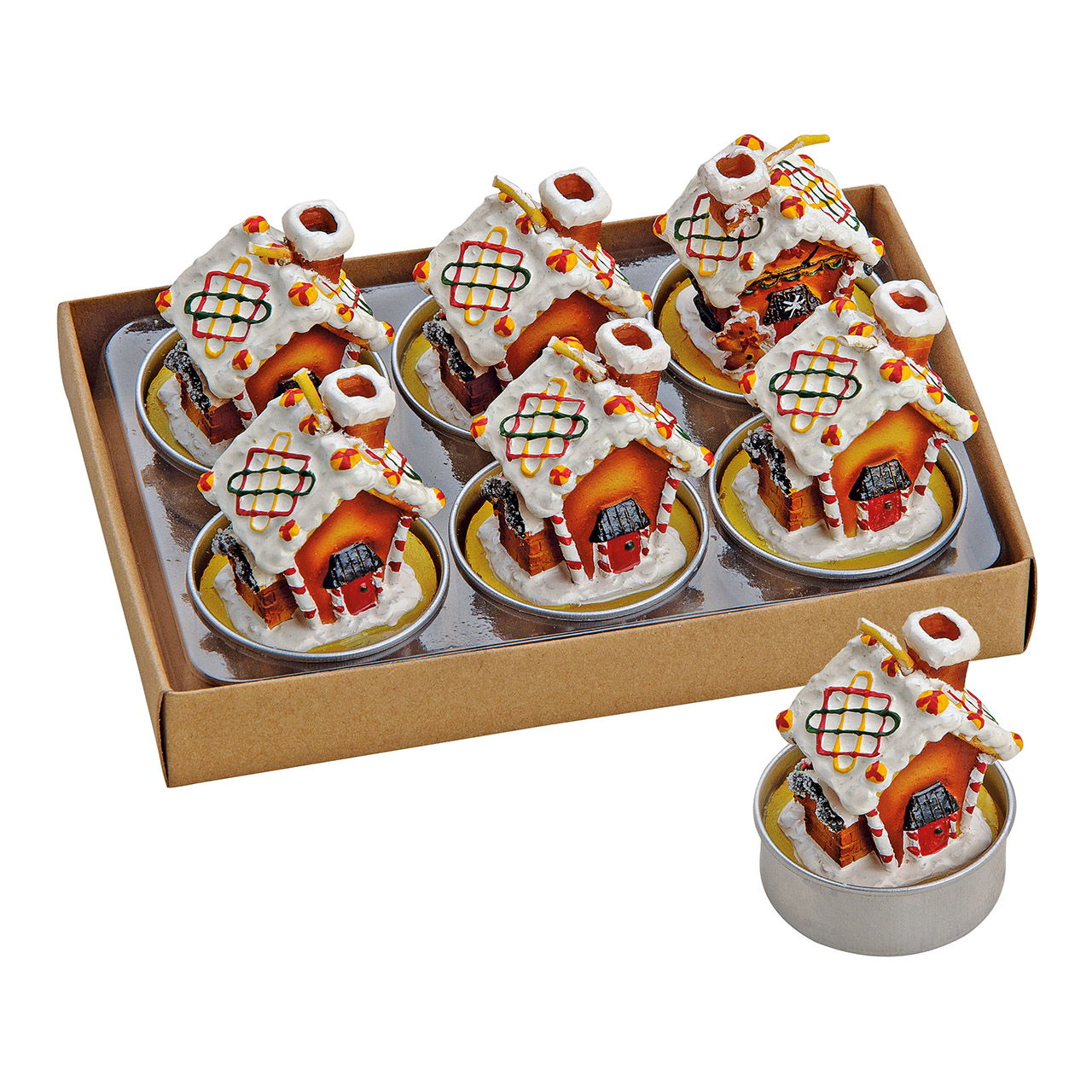 Tealight gingerbread house, set of 6, (W/H/D) 4x5x4 cm