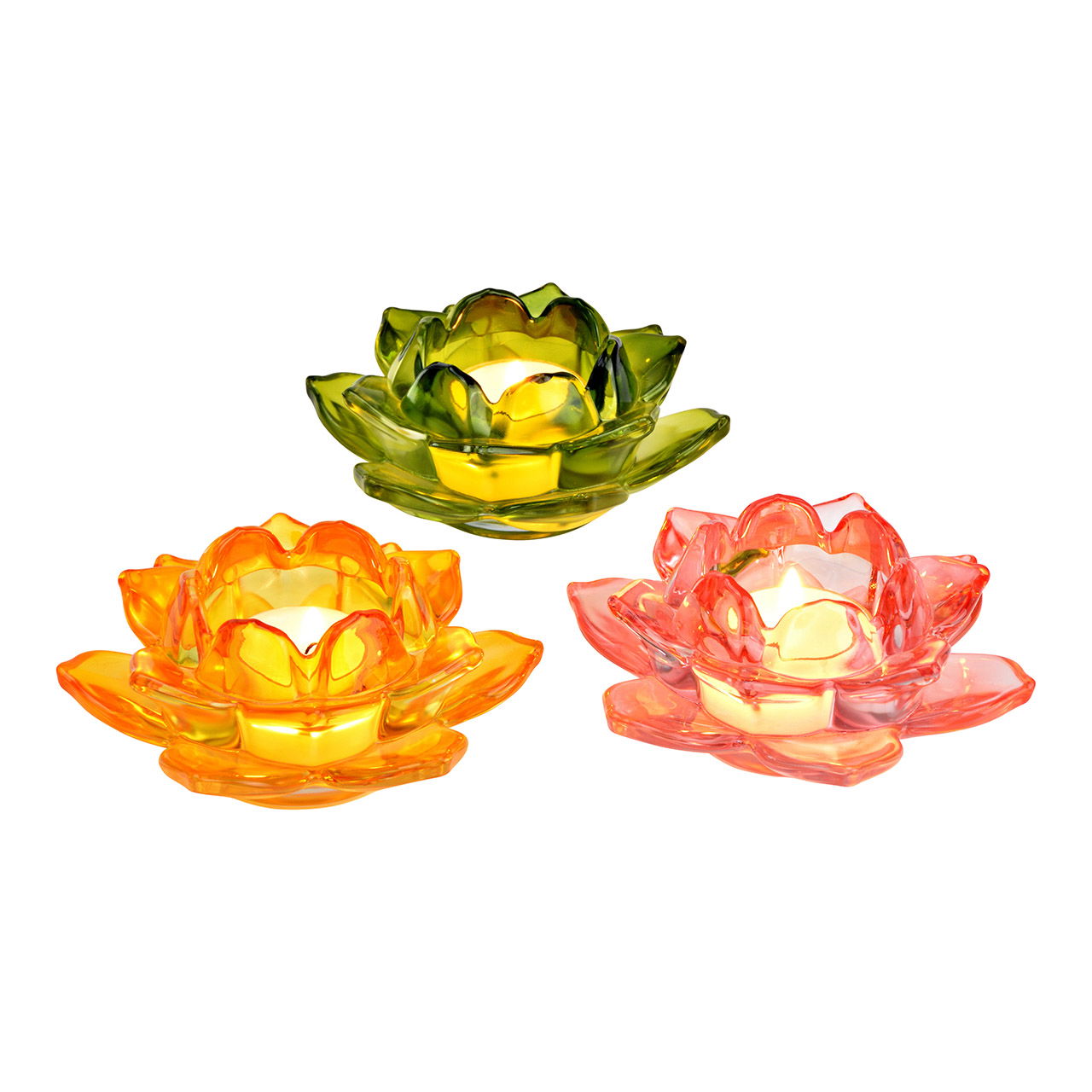 Teelichthalter Lotus aus Glas 3-fach, Grün/Gelb/Pink (B/H/T) 12x5x12cm