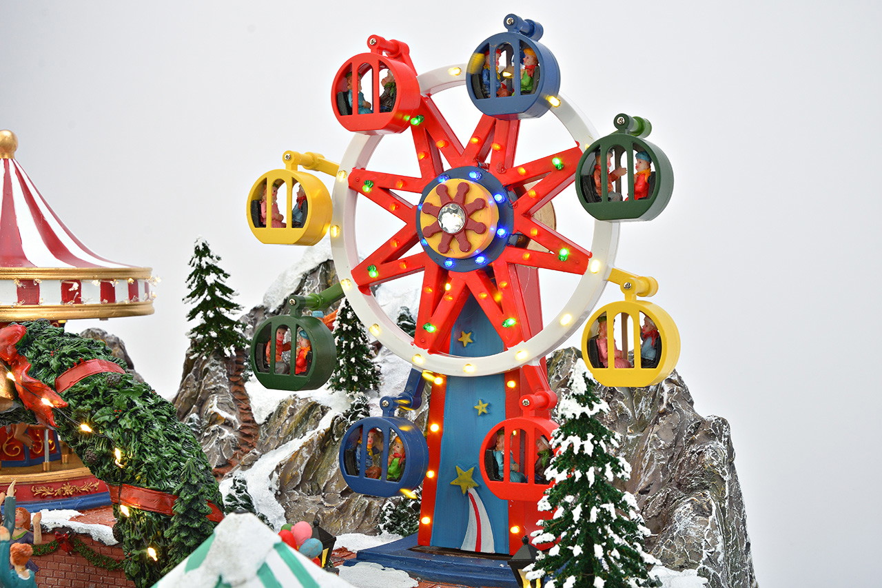 Weihnachtsjahrmarkt mit Riesenrad und Karussell aus Poly Spielzeug-Riesenrad, buntes Kunststoffspielzeug, LED-Beleuchtung, Gondeln, Jahrmarktattraktion