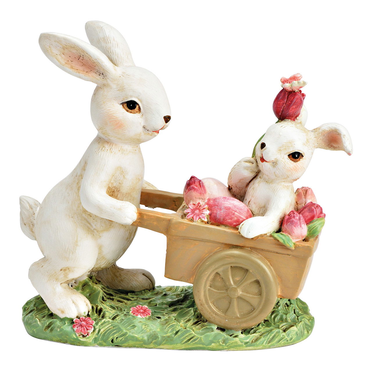 Lapin avec brouette en poly blanc (L/H/P) 14x12x6cm