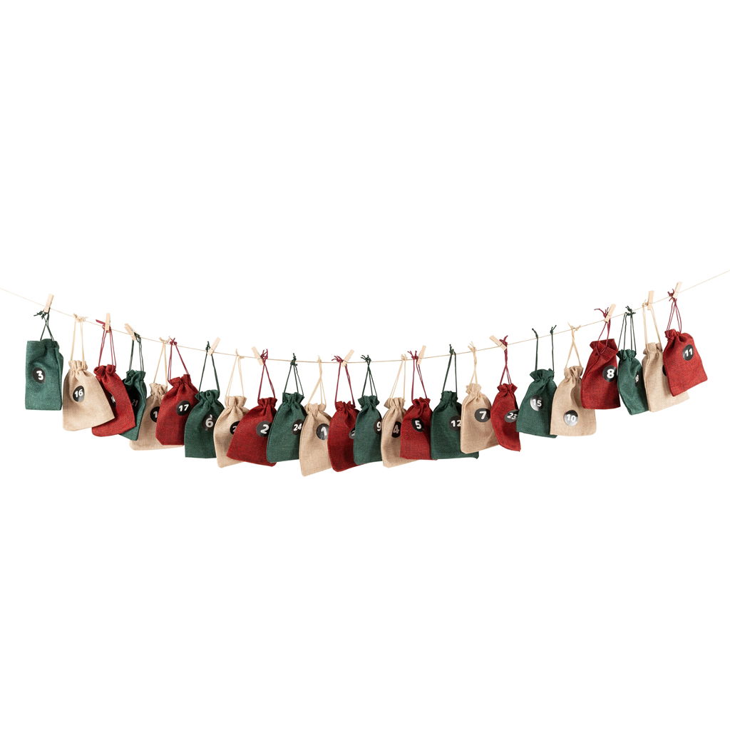 Adventskalenderzakjes met clips, stof, 26x25x4cm, 1 set, crème,rood,groen, @ Zubehor, Tasche, Handtasche, Geldbörse
