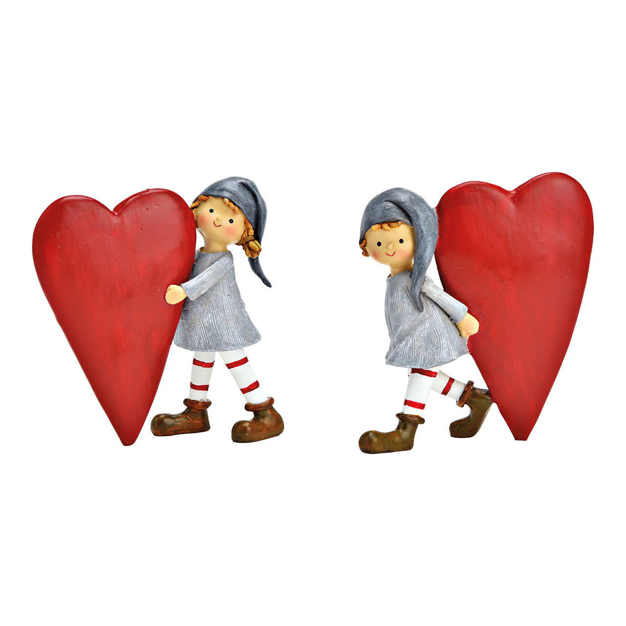 Winter child with red heart from poly gray 2-fold, (W/H/D) 13x12x4cm