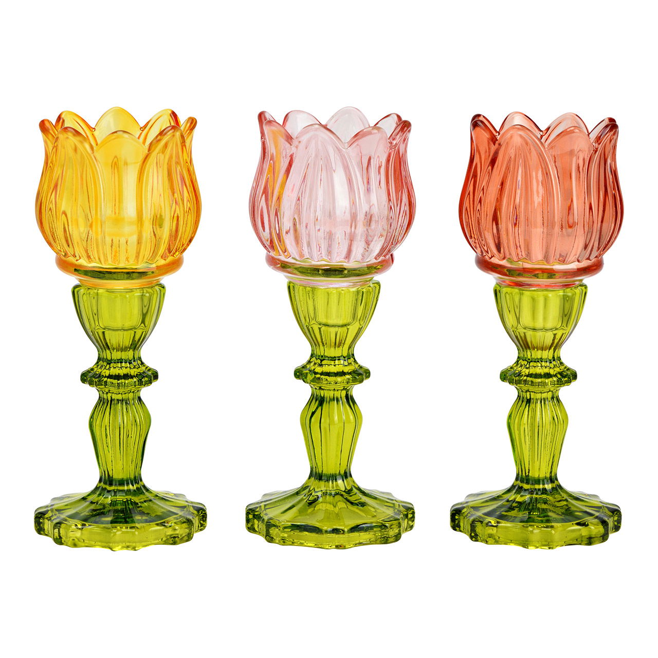 Windlicht theelichthouder tulp van glas 3-voudig, geel/roze/rood/groen (B/H/D) 7x18x7cm