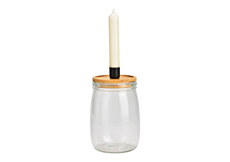 Kaarsenhouder van glas, bamboe, metaal transparant, naturel (B/H/D) 11x19x11cm