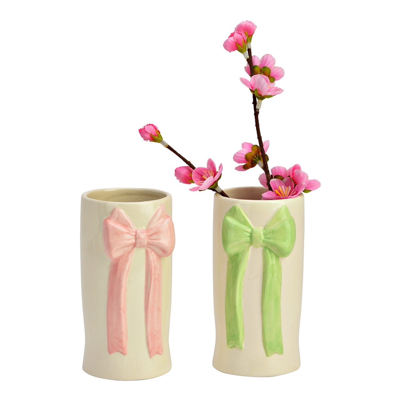Vase mit Schleife aus Keramik, 2-fach, Rosa/Grün (B/H/T) 7x15x8cm | 10045595