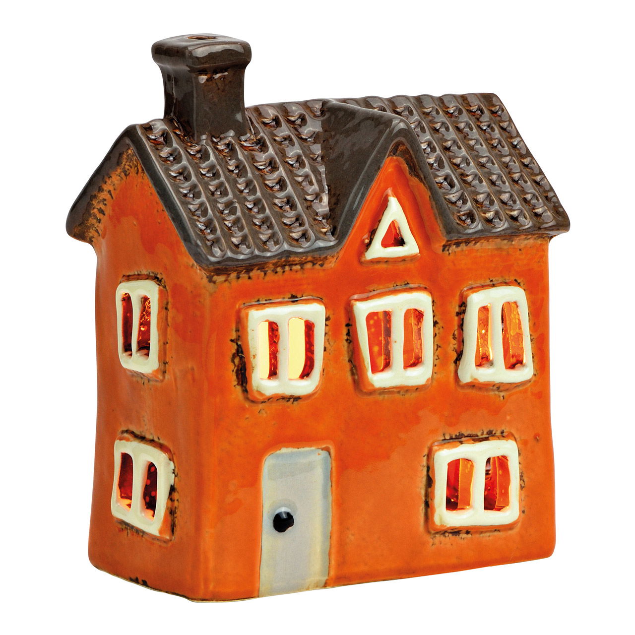 Lichthaus aus Steingut, Orange/Braun (B/H/T) 11x12x7cm