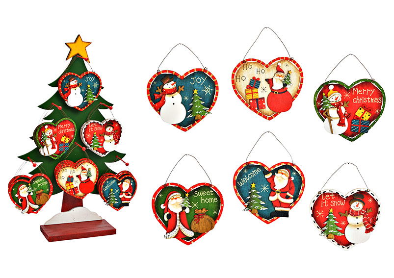 Pendentifs de Noël décor cœur, Père Noël, bonhomme de neige, 48 pcs. sur support arbre 35x60x12cm en bois Coloré 6 fois, (L/H) 13x11cm