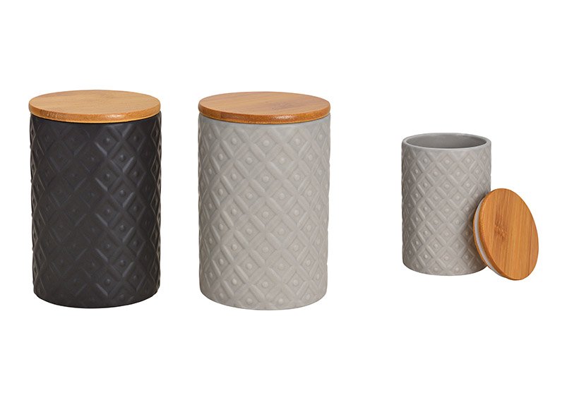 Boîte à provisions Décor Rétro en porcelaine avec couvercle en bambou Noir, gris 2 compartiments, (L/H/P) 10x14x10cm 800ml