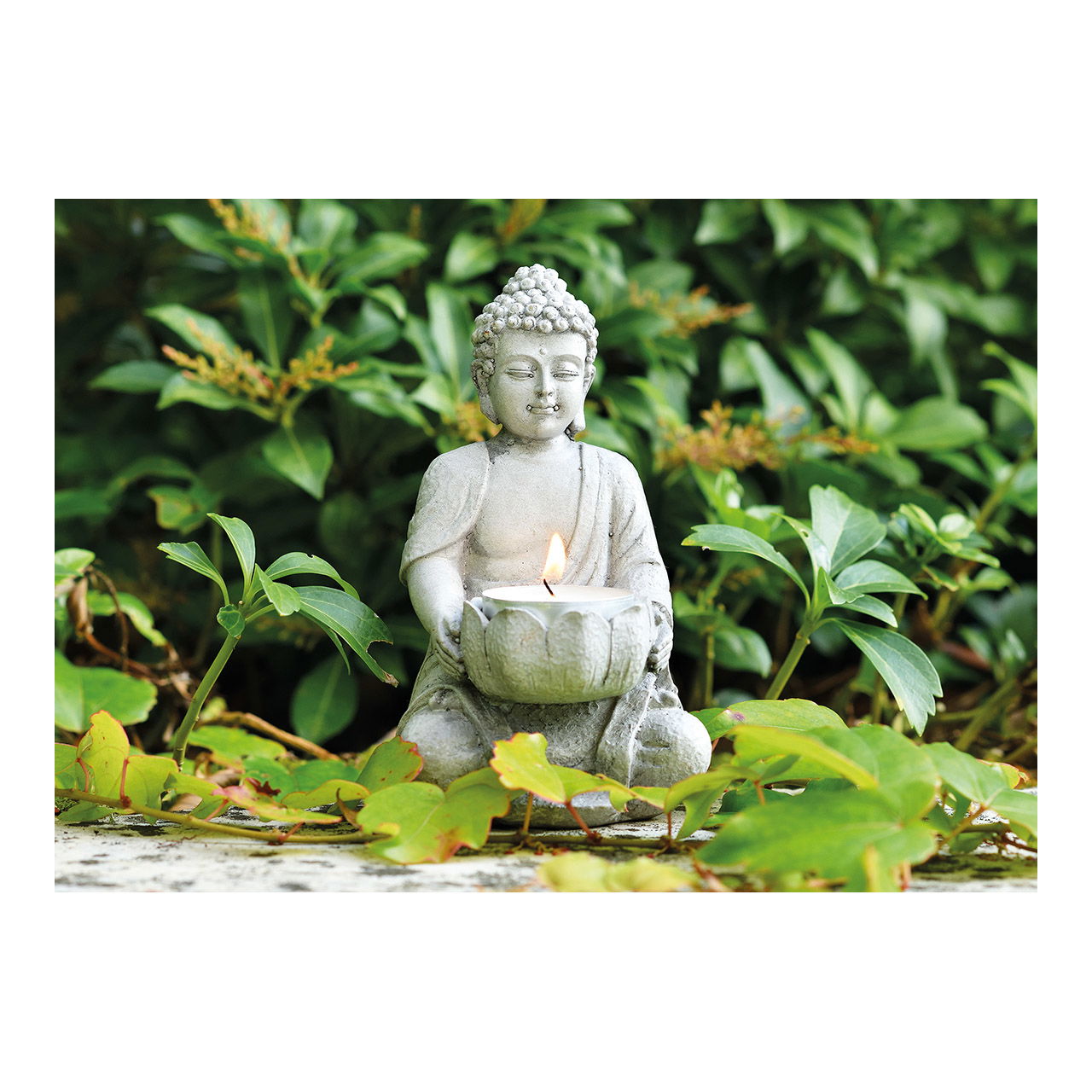 Bouddha avec porte-bougie à chauffe-plat gris en poly, L9 x P8 x H14 cm Kunst, Gebet, Person, Buddha, Blatt