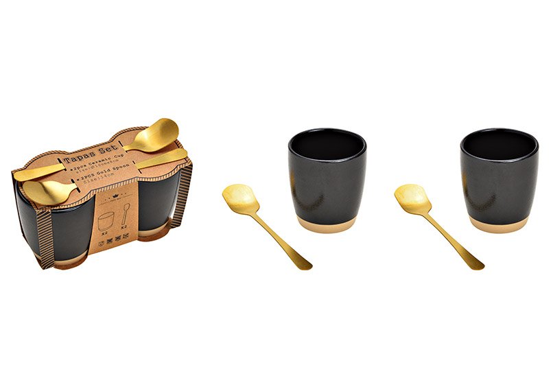 Set tapas, ceramica nera, set di 4, (L/H/D) tazza 6x7x6cm, cucchiaio 14cm