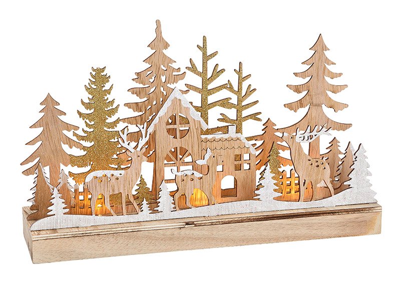 Winterszene Winterwald mit LED Beleuchtung aus Holz Beige (B/H/T) 30x18x8cm