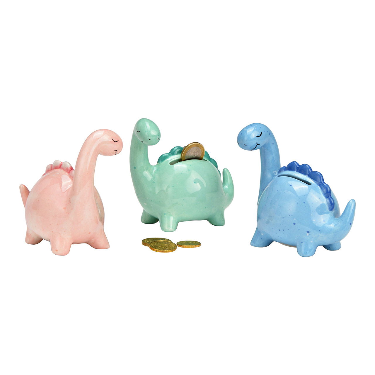 Spardose Dino aus Keramik, 3-fach, Rosa/Blau/Grün (B/H/T) 10x9x6cm Spardose Dino aus Keramik, 3-fach, Rosa/Blau/Grün (B/H/T) 10x9x6cm